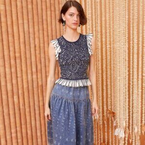 NWOT ULLA JOHNSON Emmeline Ruffled Crewneck Jacquard Knit Top in Ink P $390